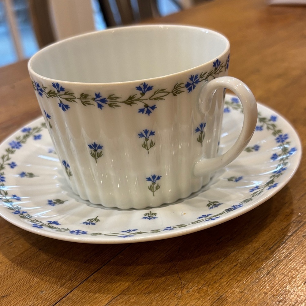 GDA  Limoges France Porcelain coffee cup and Saucer with Blue Floral Pattern